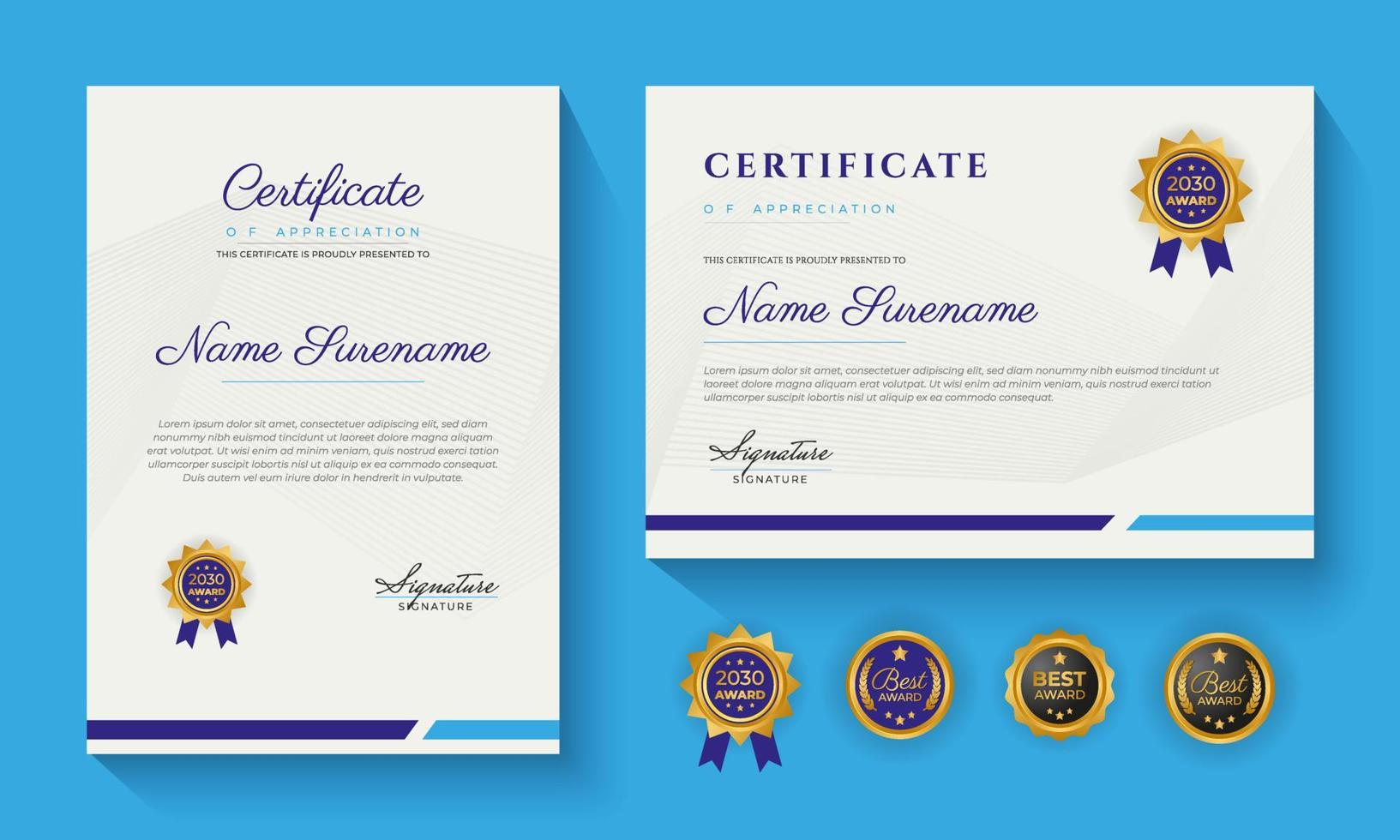 certificado azul moderno de realização ou certificação de design de modelo de apreciação vetor