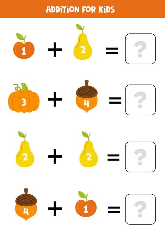 adição para crianças com frutas de outono desenhadas à mão. vetor