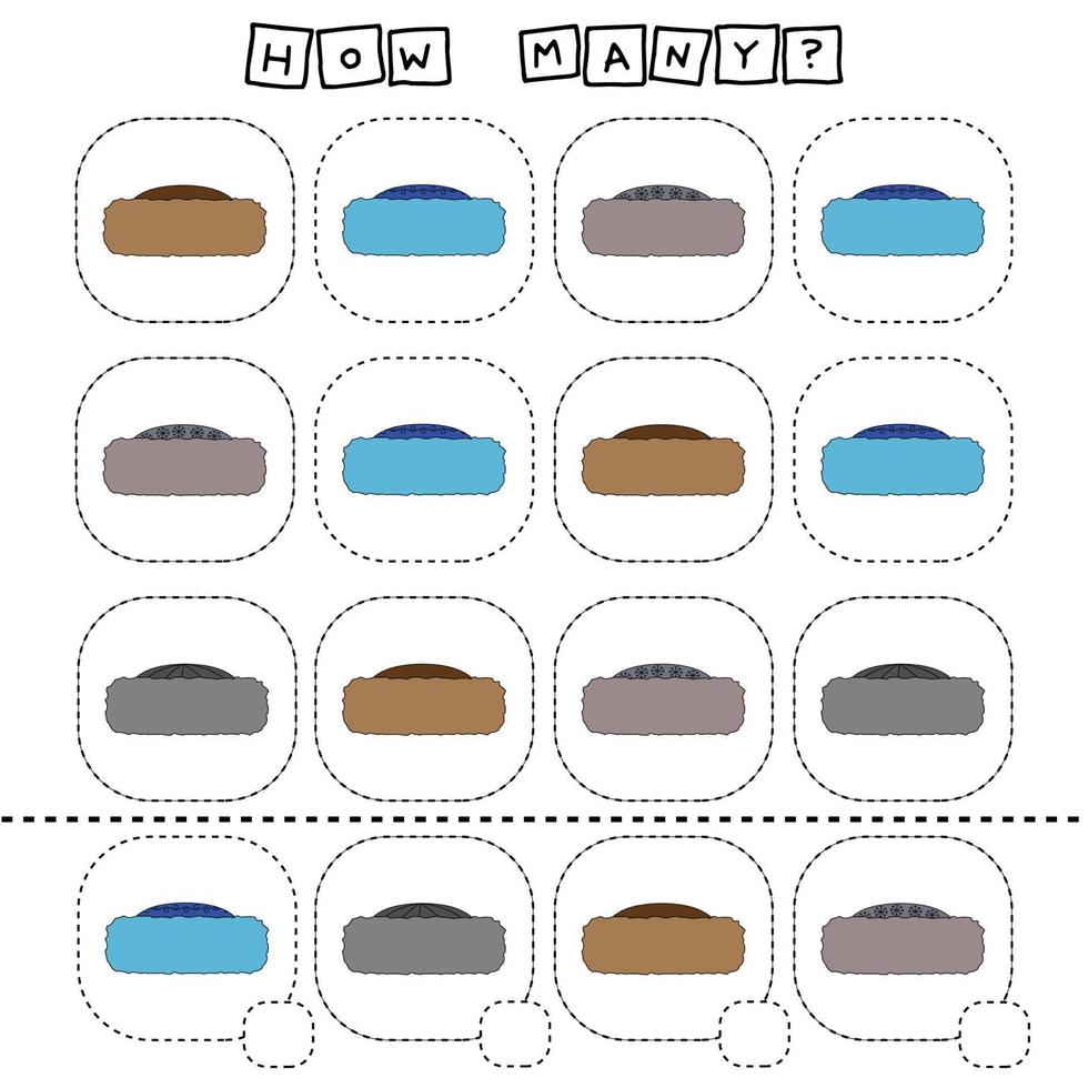 quantos jogo de contagem com chapéu colorido. planilha para crianças pré-escolares, folha de atividades para crianças, planilha para impressão vetor