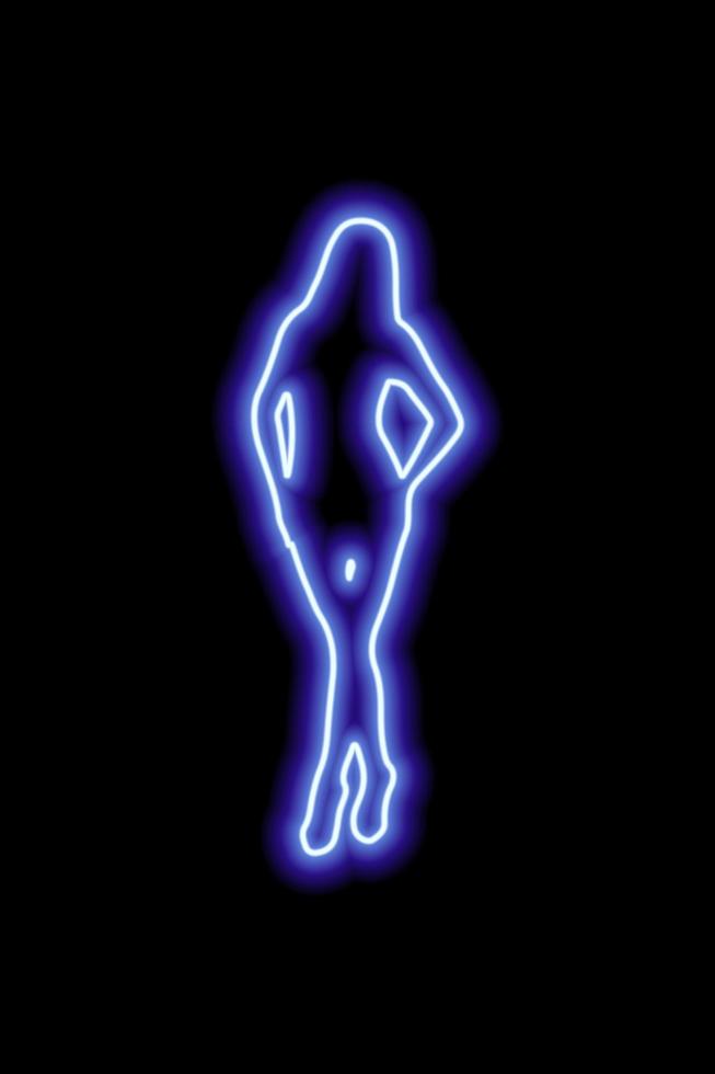 silhueta de neon azul de uma garota com cabelo comprido que fica em uma bela pose em um fundo preto vetor