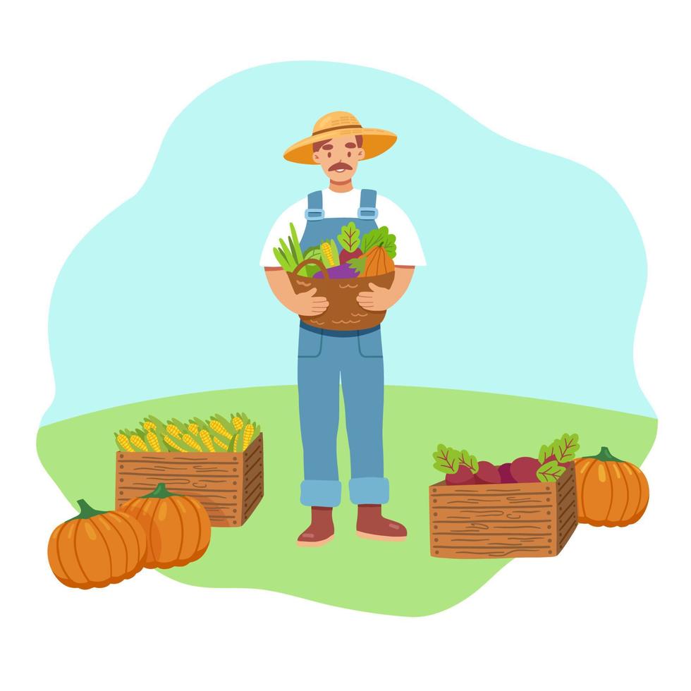 feliz agricultor masculino segurando cesta com legumes. comidas locais úteis e saborosas. conceito de design de fazenda privada. ilustração vetorial em estilo cartoon plana vetor