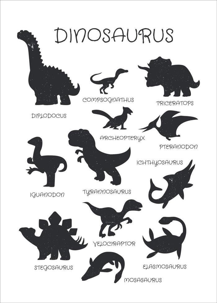 cartaz com silhuetas de dinossauros e seus nomes. material educativo para crianças. ilustração vetorial. vetor