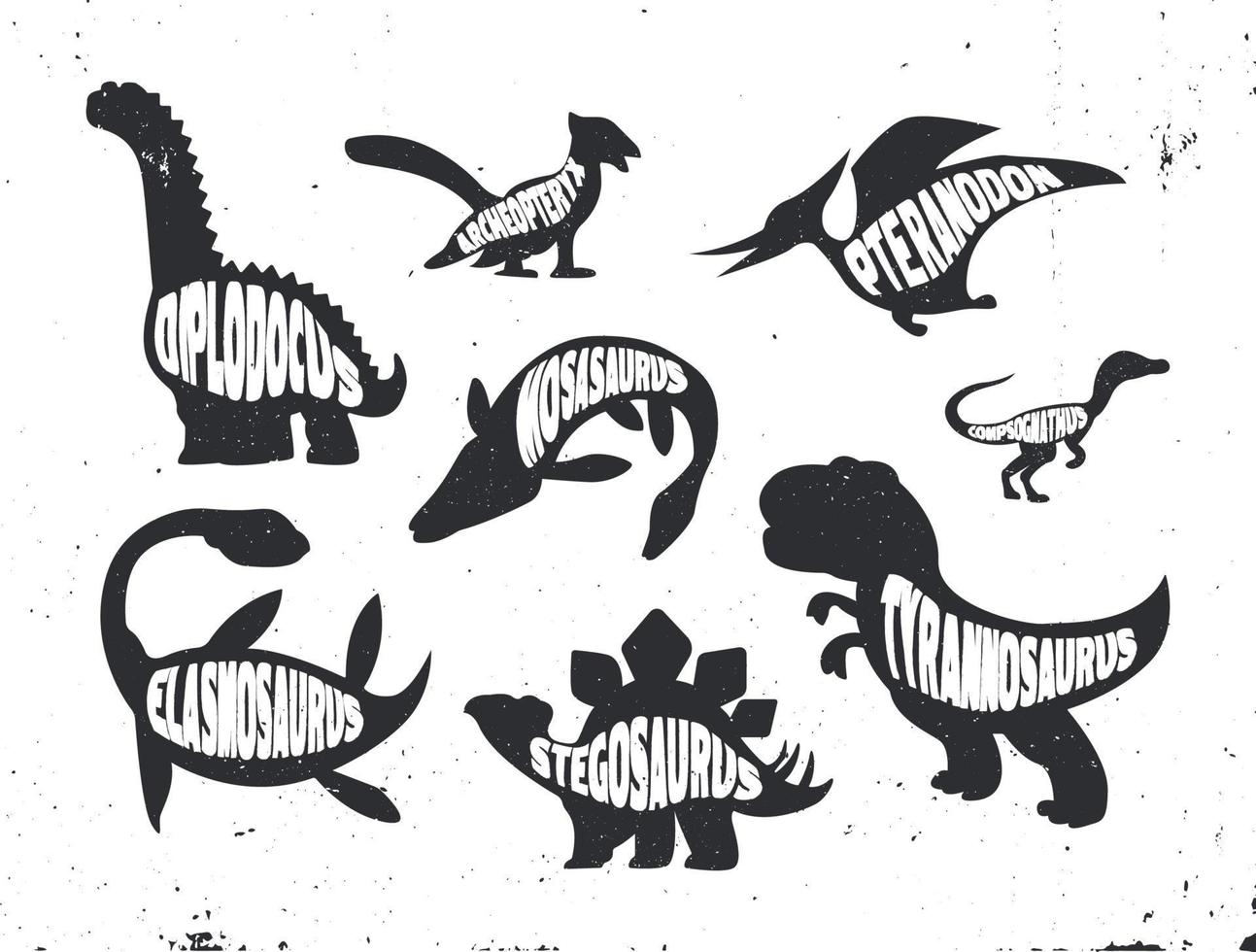conjunto de silhueta de dinossauros com letras. vetor