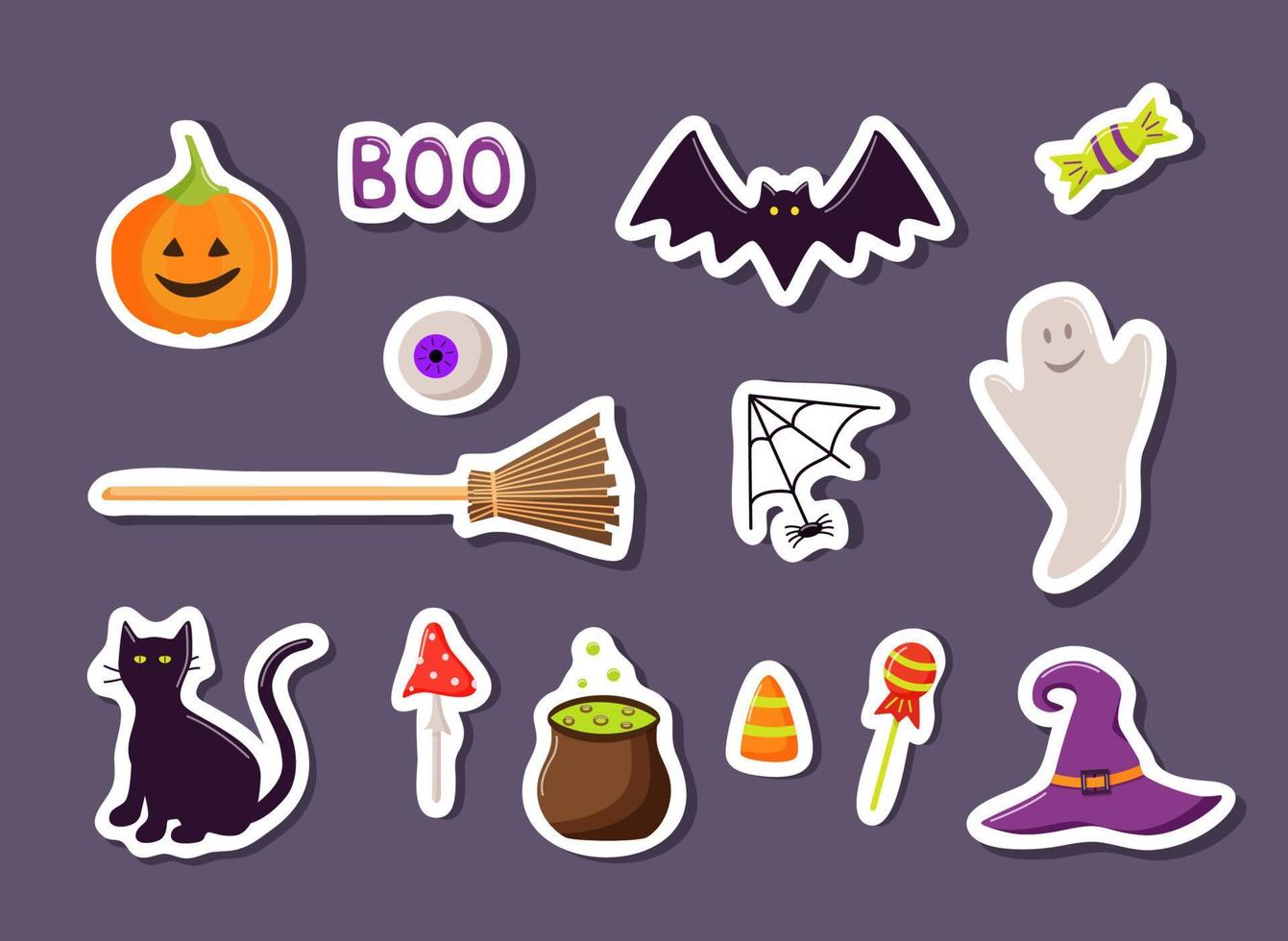 conjunto de desenhos animados de adesivos de ícones de halloween, ilustração vetorial de doodle, elementos de férias dia dos mortos vetor