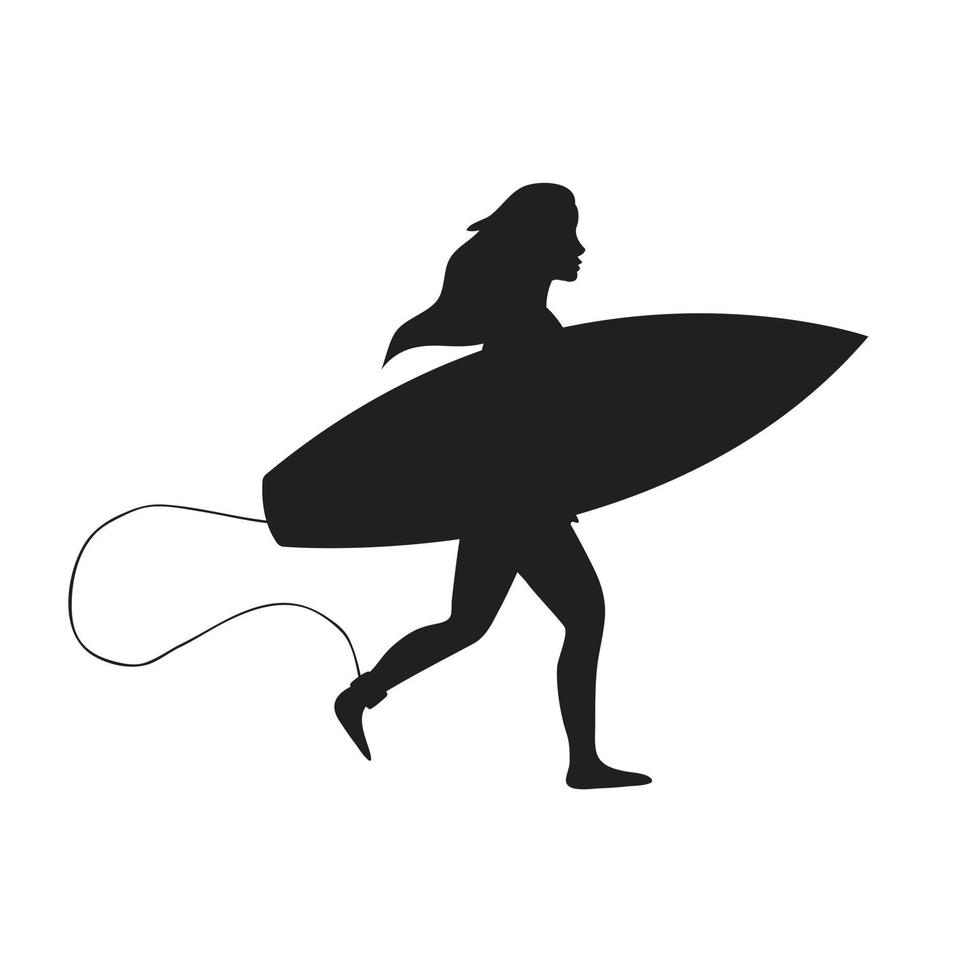 garota de contorno preto plano de vetor com prancha de surf