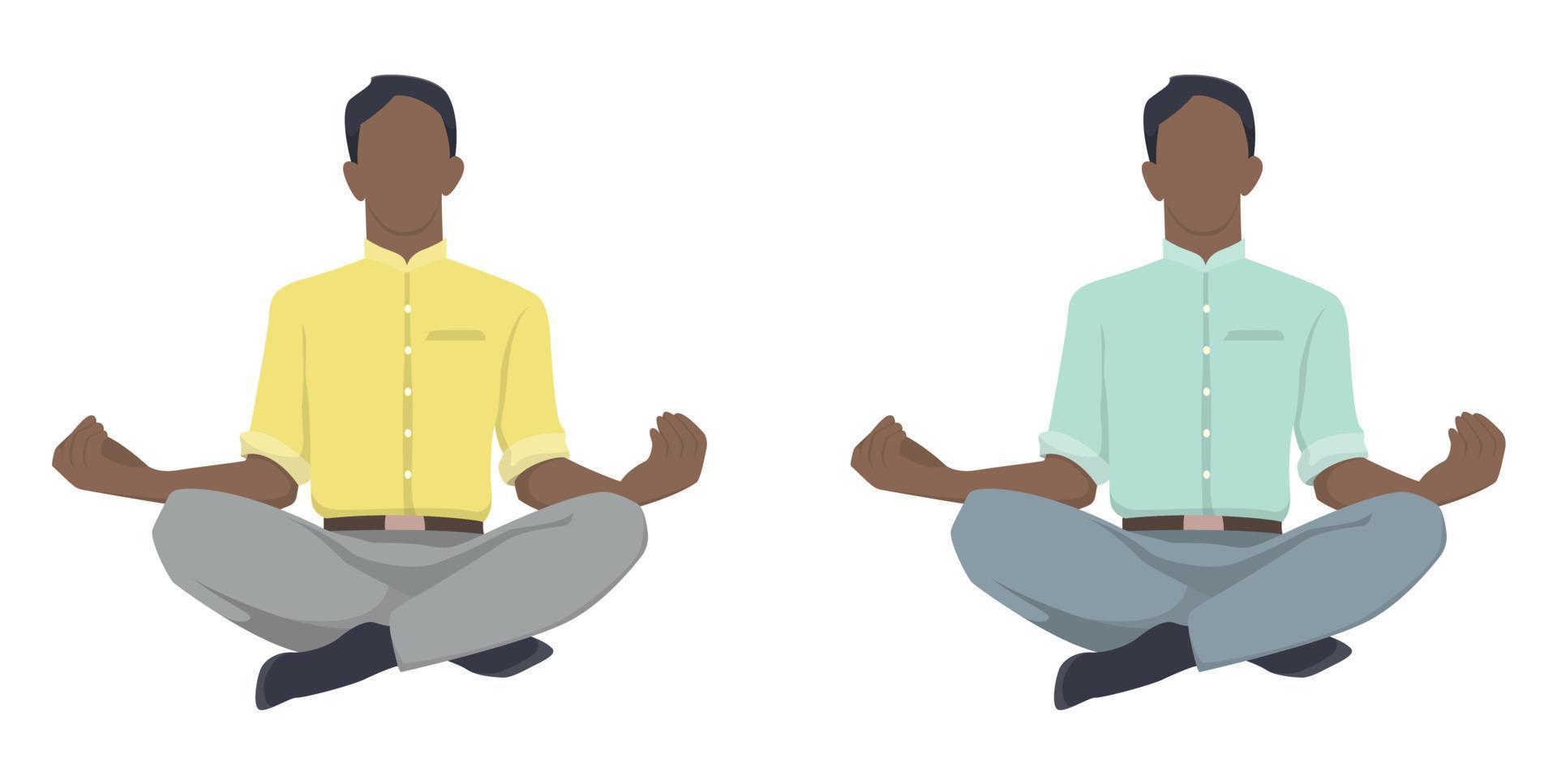 um cara com pele escura está meditando. trabalhador de escritório está descansando. equilíbrio da vida. o homem de terno. ilustração vetorial sangrenta isolada no fundo branco. vetor