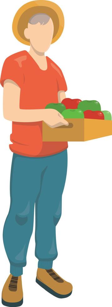 agricultor com um chapéu. um cara de camiseta vermelha está segurando uma caixa com maçãs. caixa de frutas. ilustração vetorial plana isolada no fundo branco. vetor