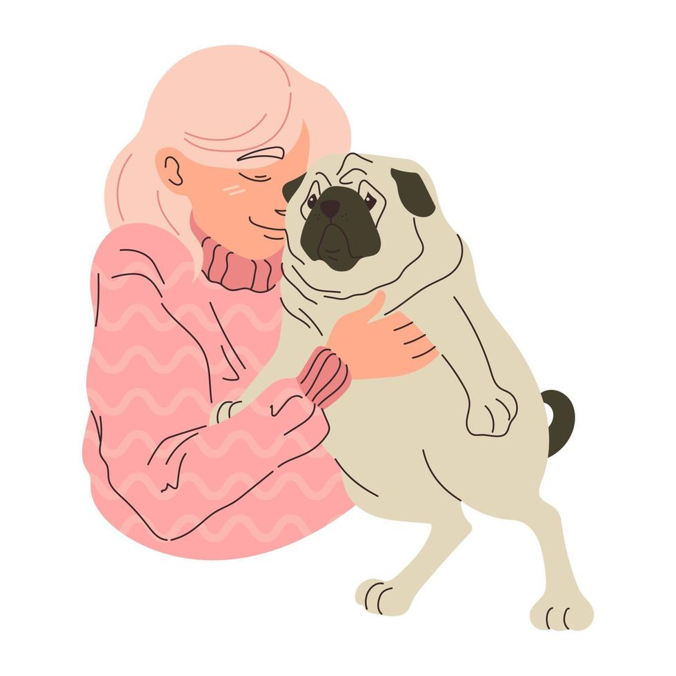 menina segurando pug nas mãos. cachorro fofo com dono. ilustração vetorial isolada no fundo branco. vetor