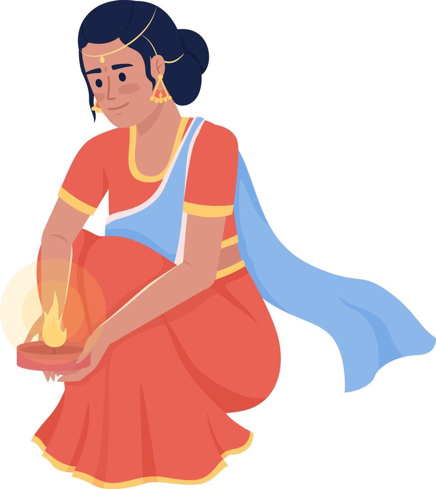 mulher em saree segurando diya personagem de vetor de cor semi plana. figura editável. pessoa de corpo inteiro em branco. ritual religioso simples ilustração de estilo de desenho animado para web design gráfico e animação