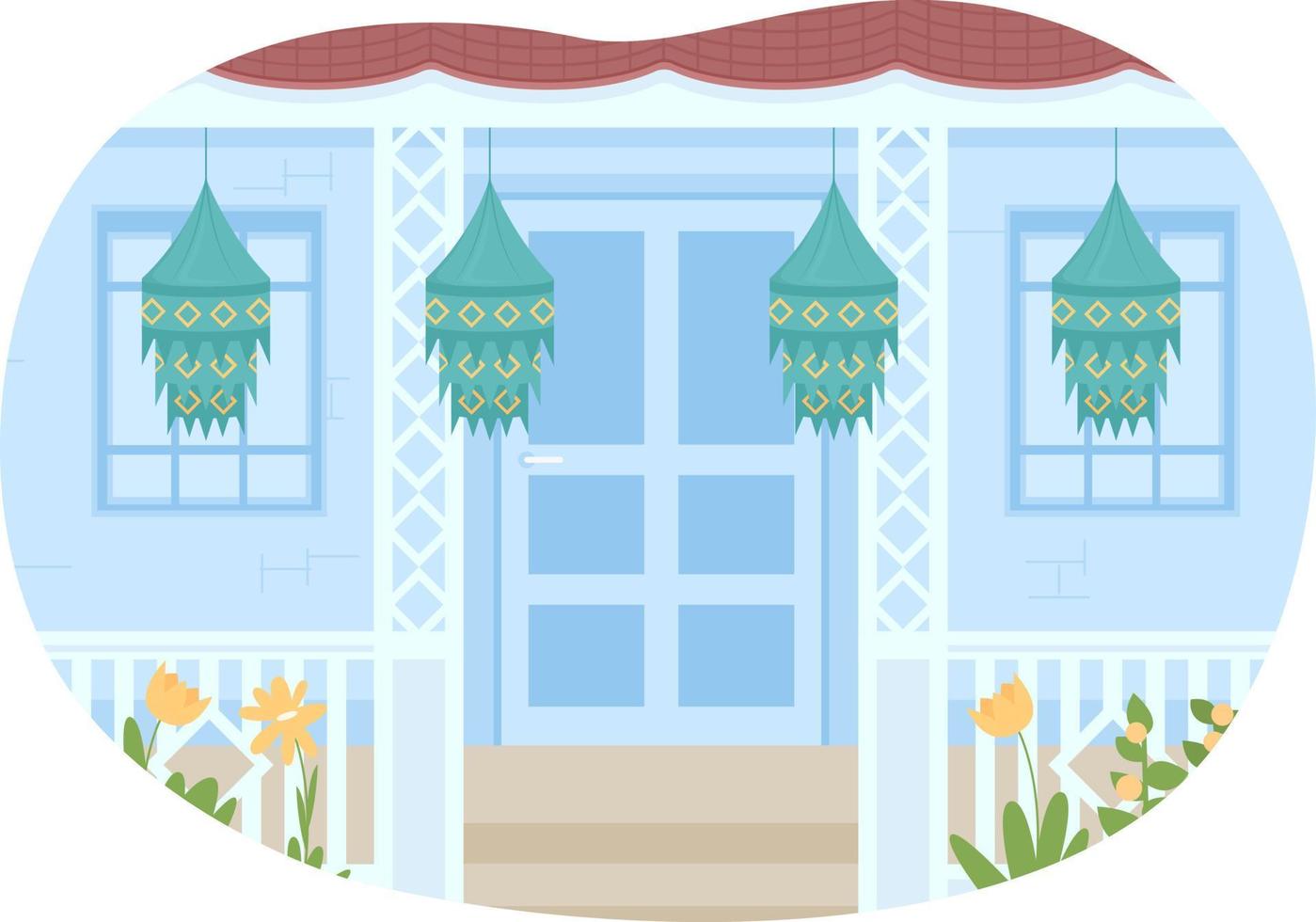 casa de decoração para ilustração isolada em vetor diwali 2d. pendurando lanternas de papel ao ar livre exterior de casa plana no fundo dos desenhos animados. cena editável colorida para celular, site, apresentação
