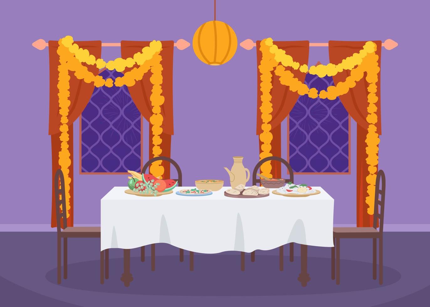 mesa servida para ilustração vetorial de cor plana de jantar diwali. feriado indiano tradicional. Festival religioso. interior de desenho simples 2d totalmente editável com interior em casa em segundo plano vetor