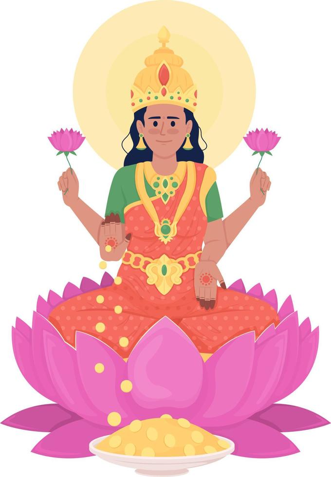 personagem de vetor de cor semi plana da deusa lakshmi. figura editável. pessoa de corpo inteiro em branco. celebração do diwali. ilustração de estilo de desenho animado simples hinduísmo para web design gráfico e animação