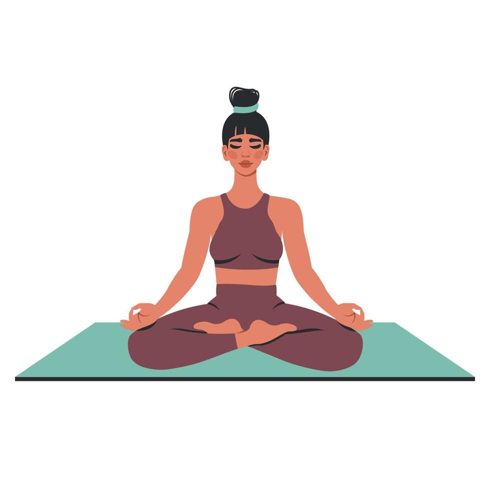 jovem sentada no tapete de ioga em pose de lótus isolada no fundo branco. mulher bonita em roupas esportivas fazendo ioga, meditando. ilustração vetorial plana de estilo de vida saudável e prática espiritual vetor