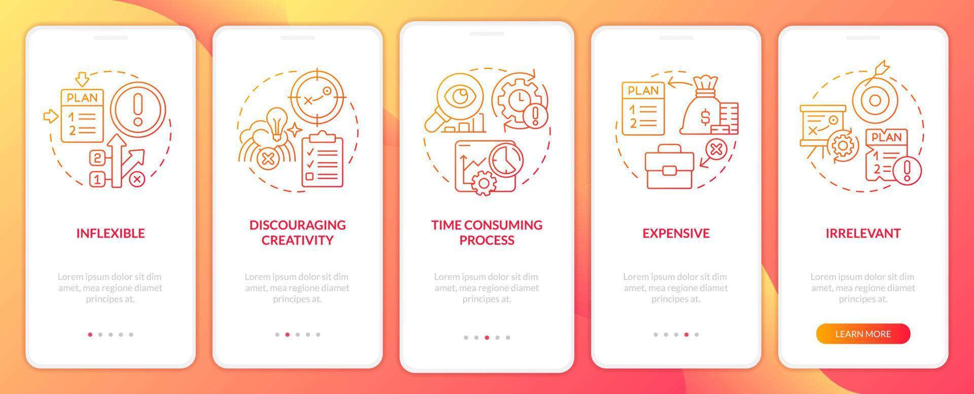 desvantagens de planejar a tela do aplicativo móvel de integração com gradiente vermelho. emite instruções gráficas passo a passo de 5 etapas com conceitos lineares. ui, ux, modelo de gui. vetor