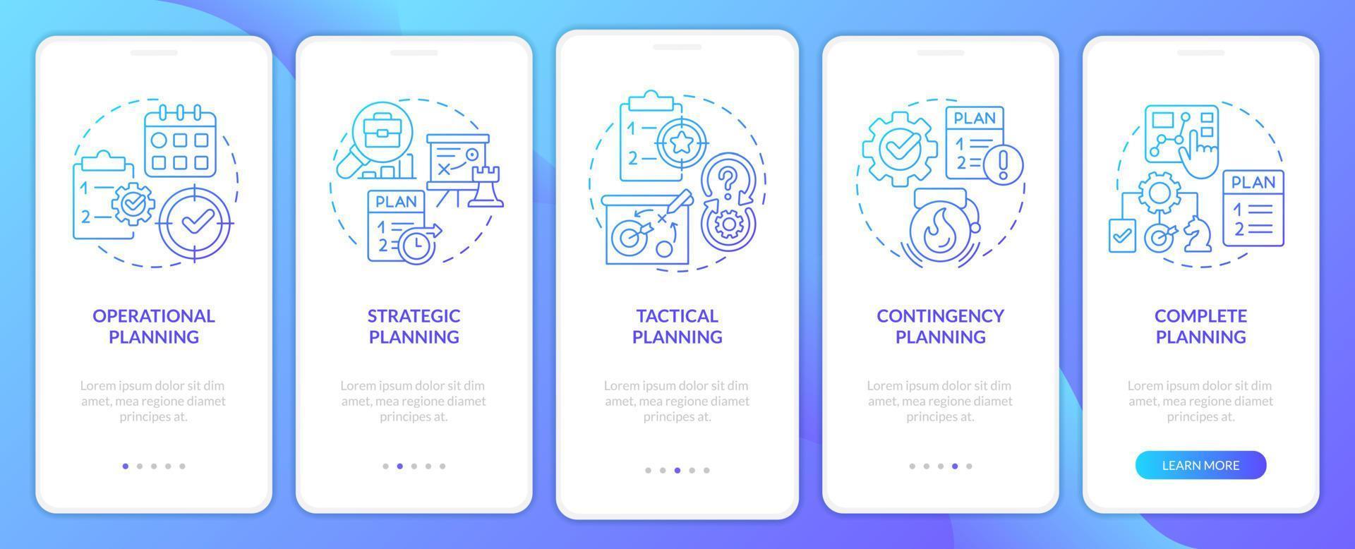 tipos de planos tela de aplicativo móvel de integração de gradiente azul. passo a passo de desenvolvimento de negócios 5 passos instruções gráficas com conceitos lineares. ui, ux, modelo de gui. vetor