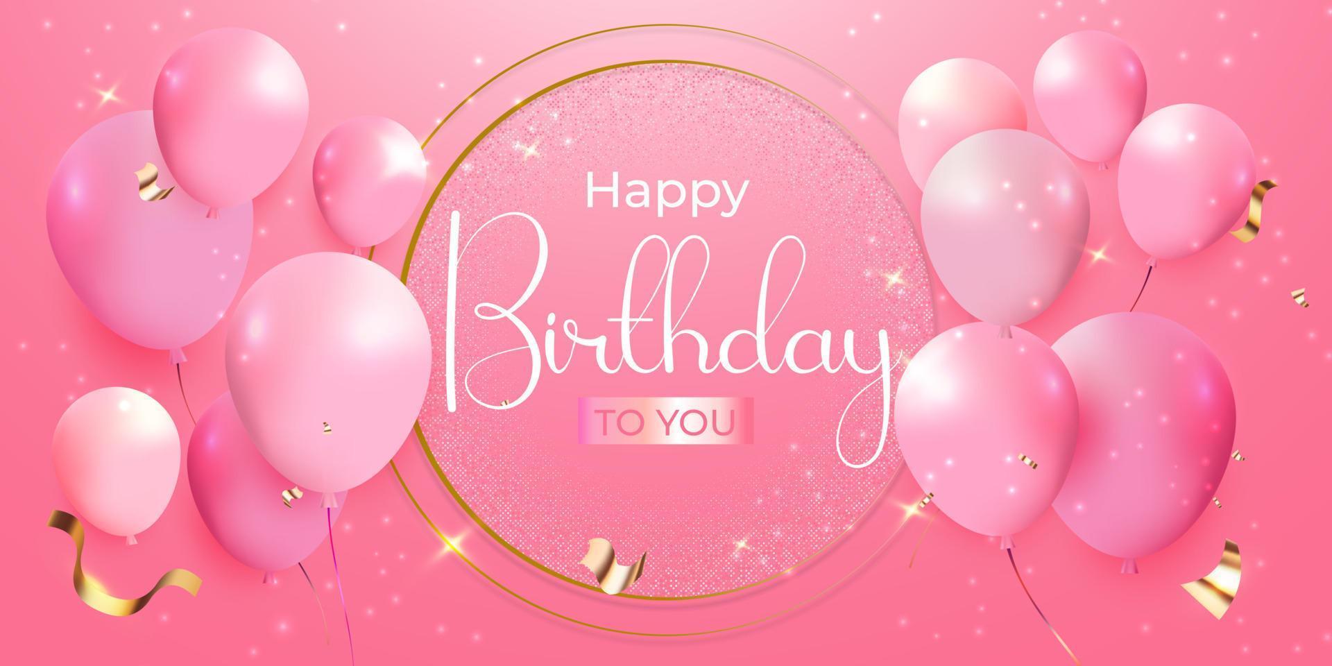 celebração de cartão de feliz aniversário com balões brilhantes e serpentina voadora no fundo rosa vetor