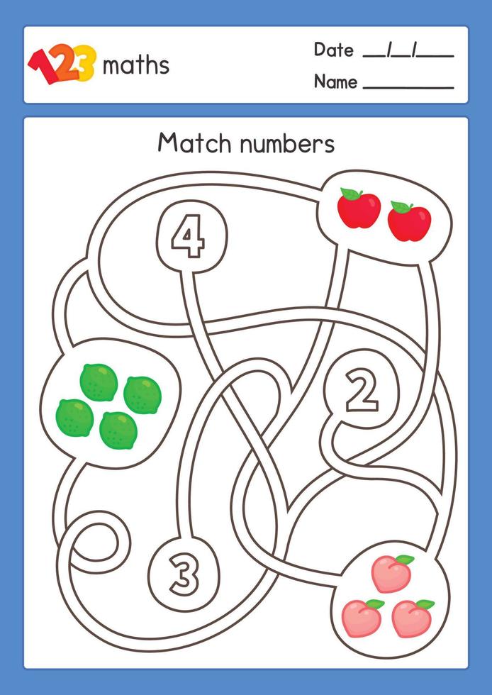 combine os números com a contagem de frutas jogo de labirinto na folha de exercícios de matemática kawaii doodle vector cartoon