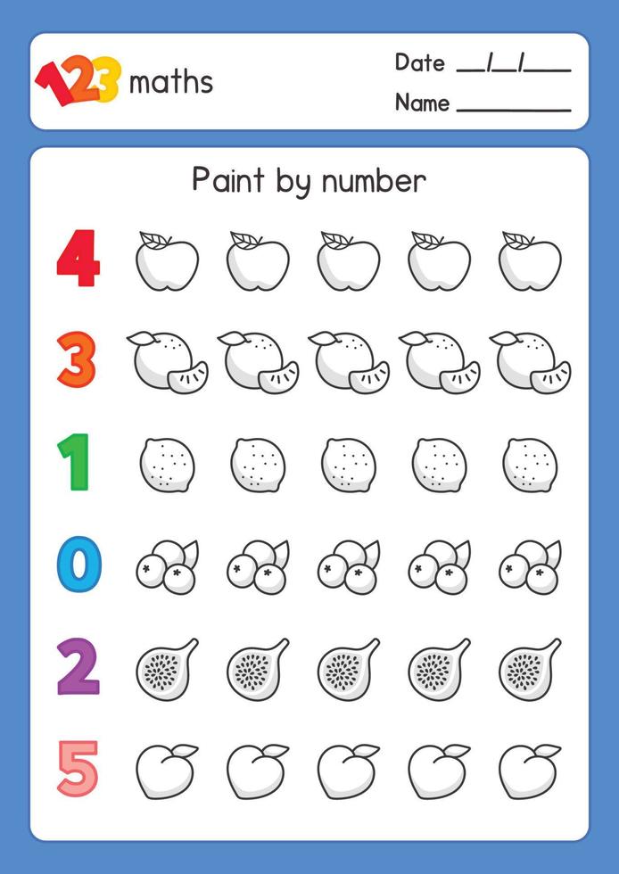 contorno de frutas coloridas em preto e branco sobre números de contagem na folha de exercícios de matemática kawaii doodle vector cartoon