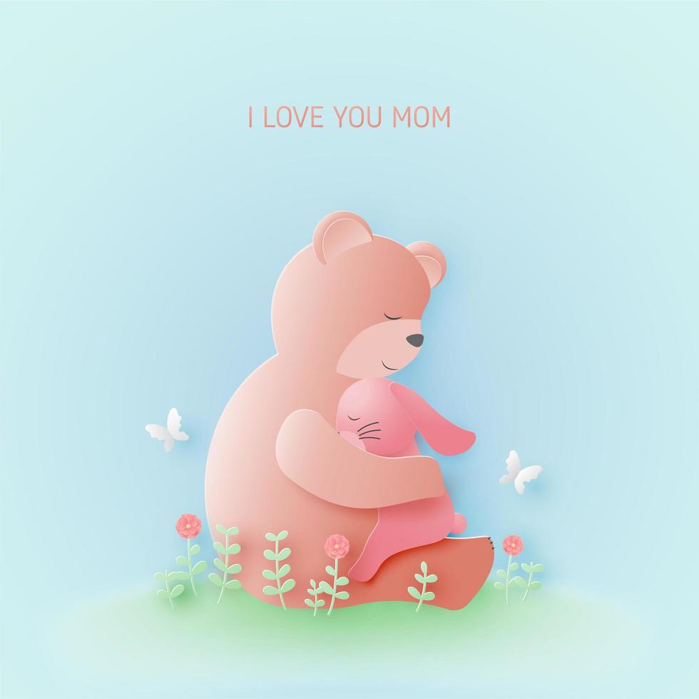 design de dia das mães com urso abraçando bebê coelho vetor