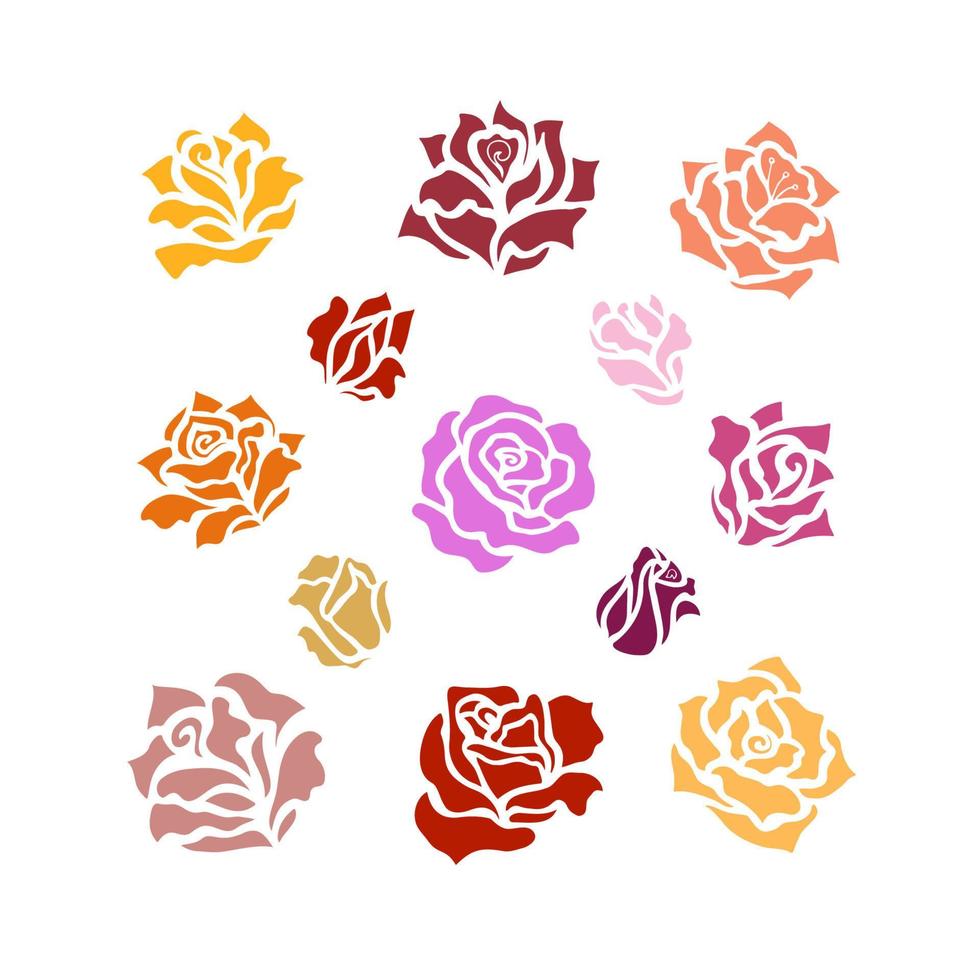 conjunto de doodle de rosas. coleção de rosas e botões de várias cores naturais vetor