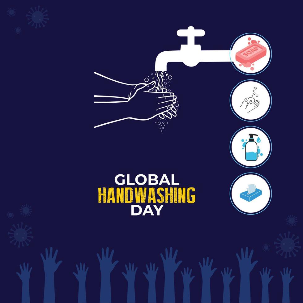 dia mundial de lavagem das mãos.15 de outubro. ícone de coronavírus. lavar as mãos com água do fundo da torneira. ilustração vetorial. vetor