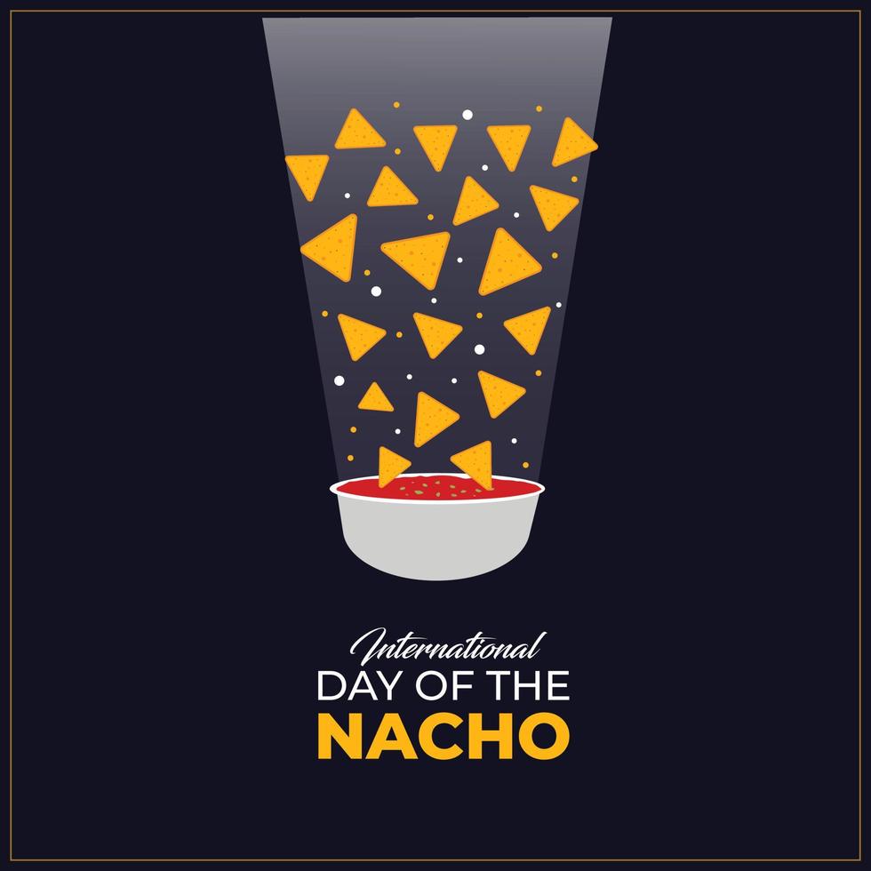 dia internacional do nacho. 21 de outubro. chips de milho nachos mexicanos com ícone de molho de salsa vermelha. modelo para plano de fundo, banner, cartão, pôster. ilustração vetorial. vetor