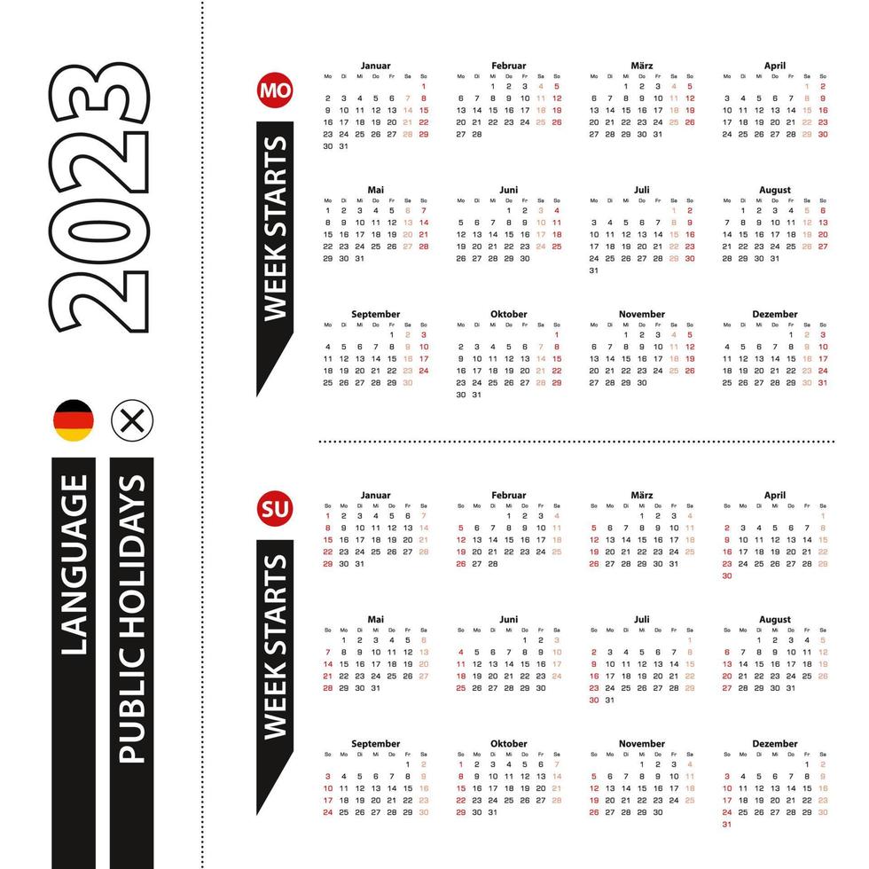 duas versões do calendário 2023 em alemão, a semana começa na segunda-feira e a semana começa no domingo. vetor