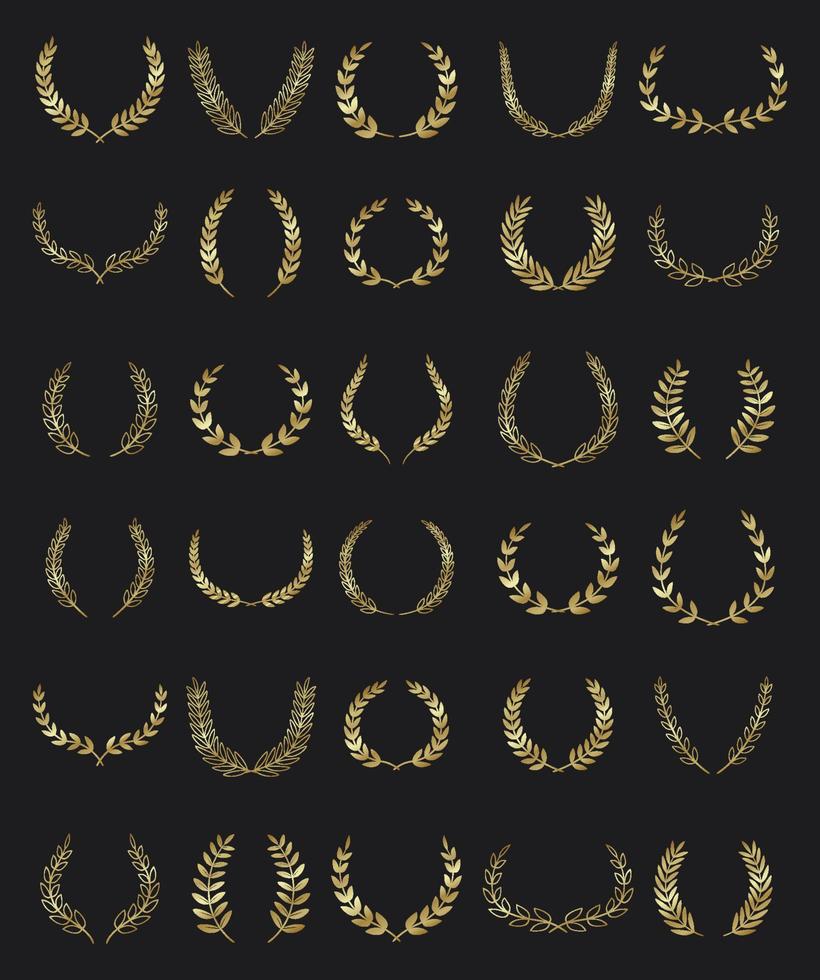 conjunto de coroas de louros de ouro em fundo escuro vetor