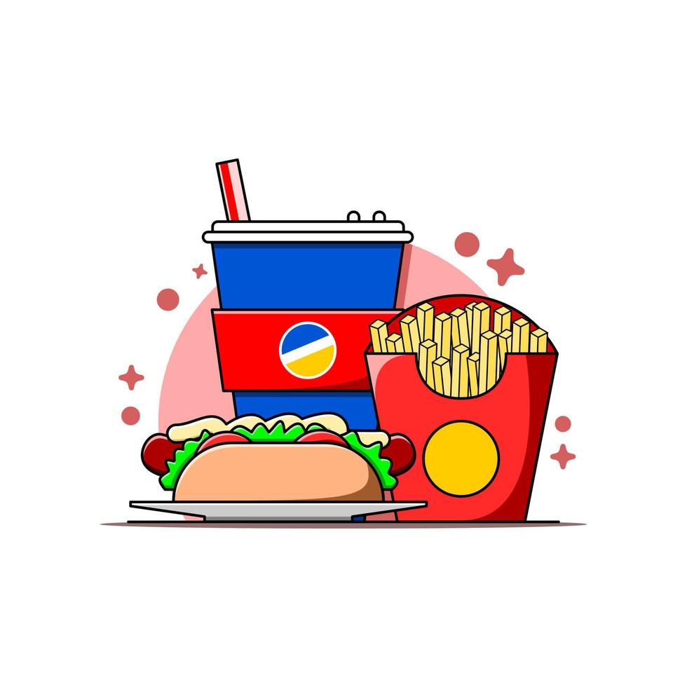 design moderno de ilustração de design plano de junk food ou fast food, refrigerante, batatas fritas e taco vetor