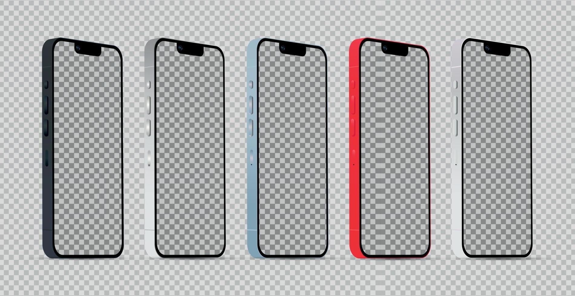 maquete 5 pcs smartphones modernos telefones em cores diferentes, modelos para publicidade - vetor