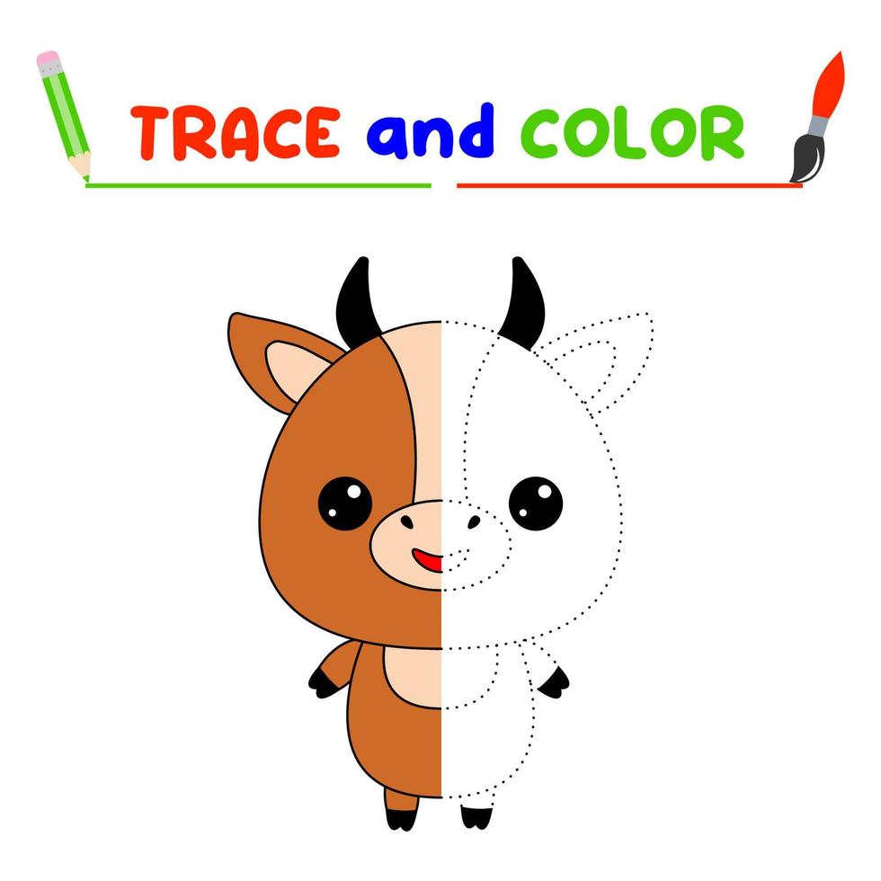 traçar e colorir o animal. uma folha de treinamento para crianças pré-escolares. tarefas educacionais para crianças. livro de colorir vaca vetor