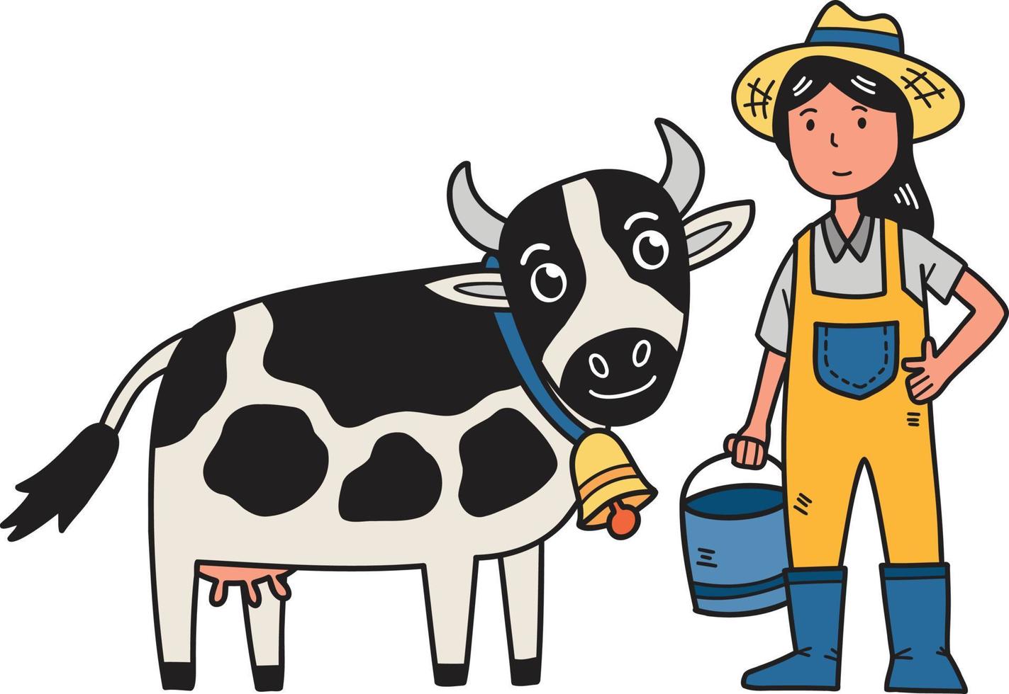 agricultora desenhada de mão ao lado da ilustração de vaca vetor