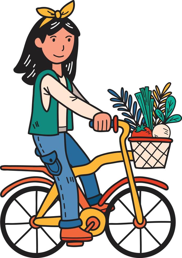 mulher desenhada de mão andando de bicicleta com legumes e frutas em uma ilustração de cesta vetor