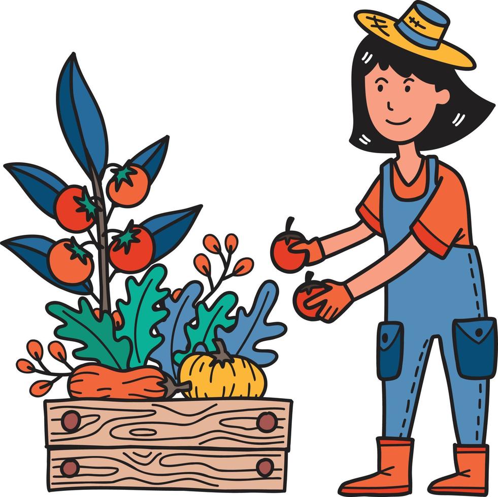 agricultora desenhada de mão colhendo ilustração de frutas e legumes vetor