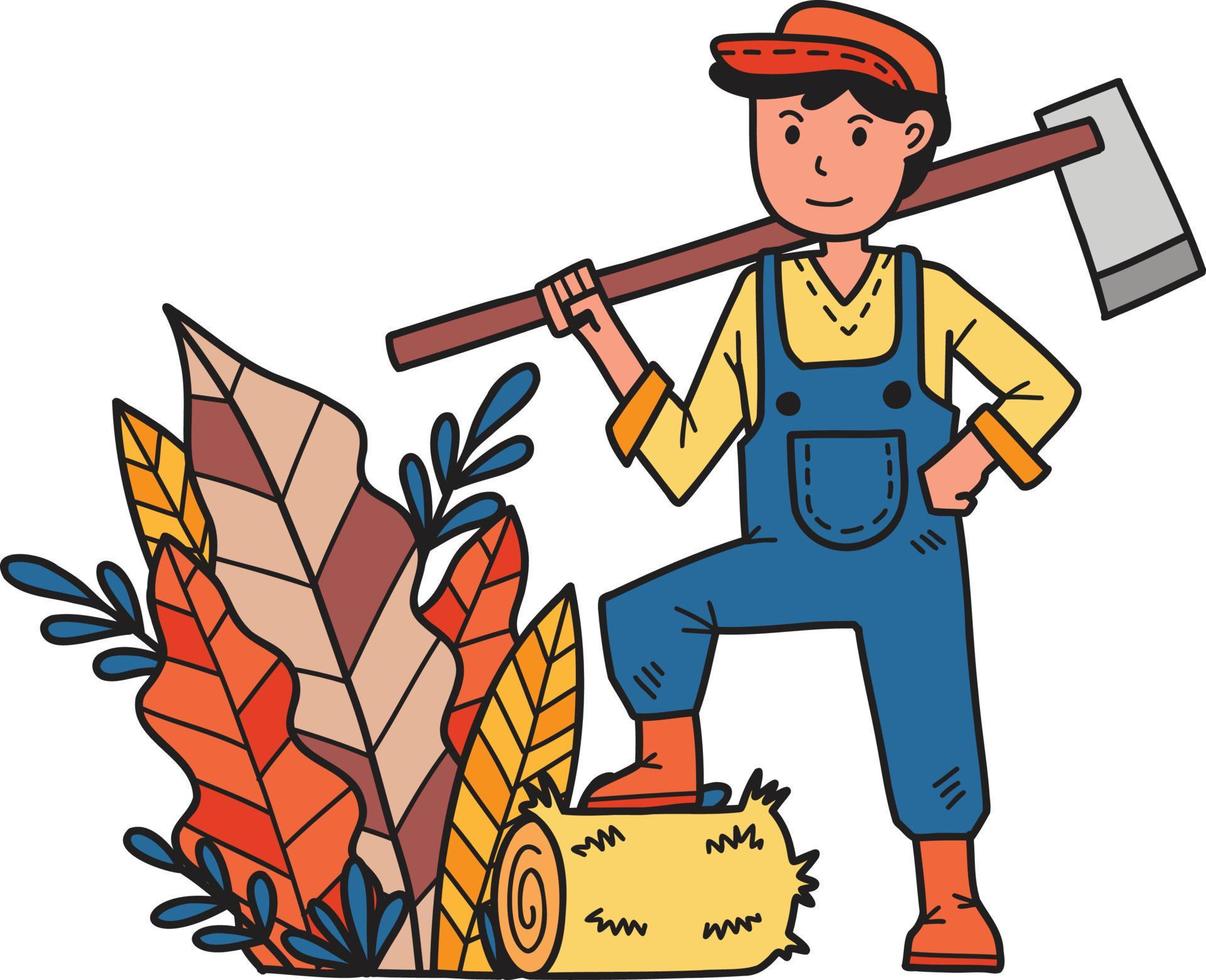 agricultor masculino desenhado à mão segurando uma enxada cavando a ilustração do chão vetor