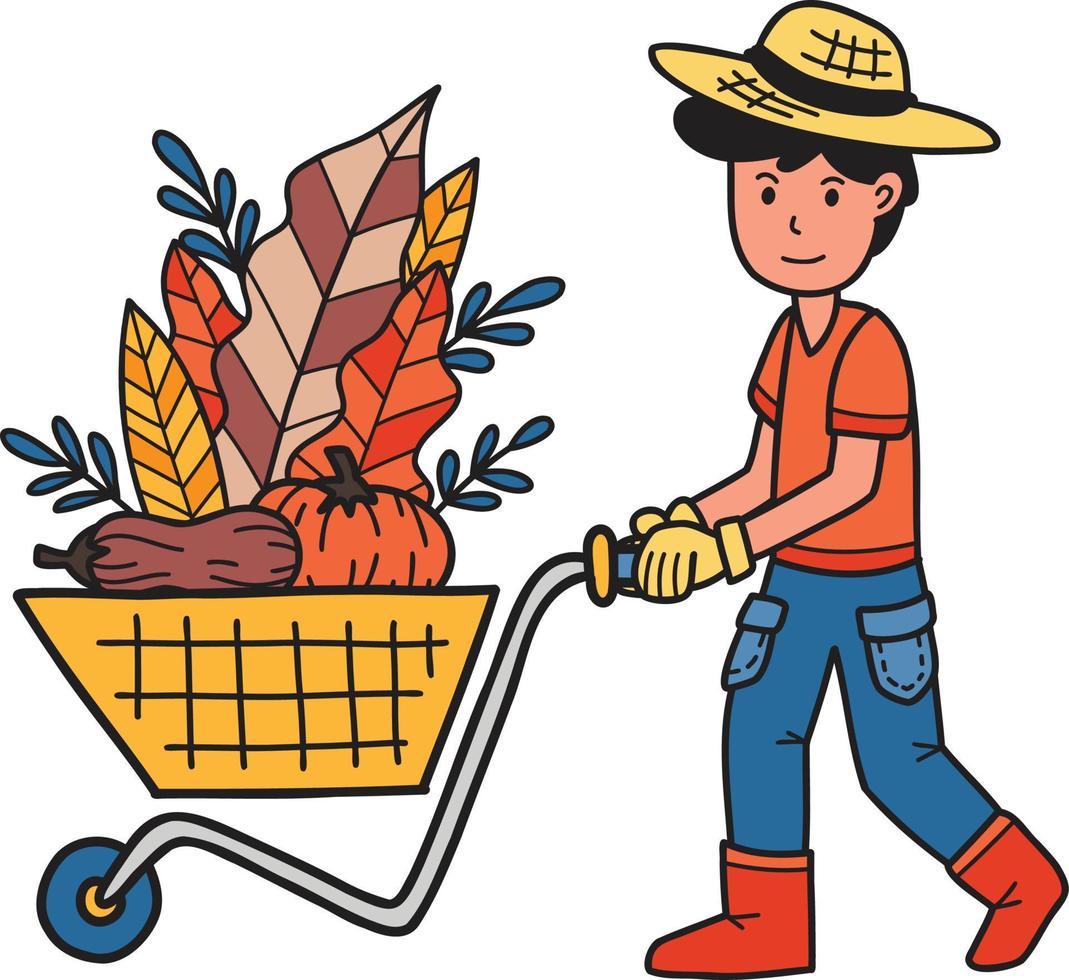 agricultor masculino desenhado à mão empurrando a ilustração de carrinho de frutas e legumes vetor