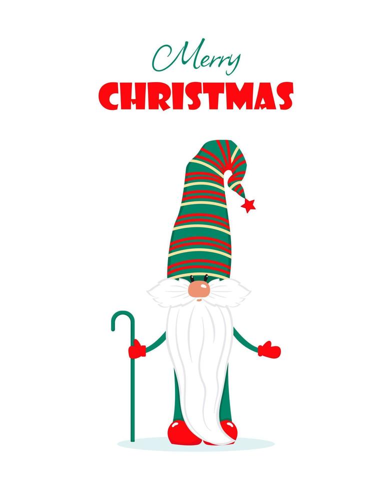 cartão de natal com um gnomo barbudo fofo. personagem de férias de inverno. ilustração vetorial em estilo simples. Feliz Natal vetor