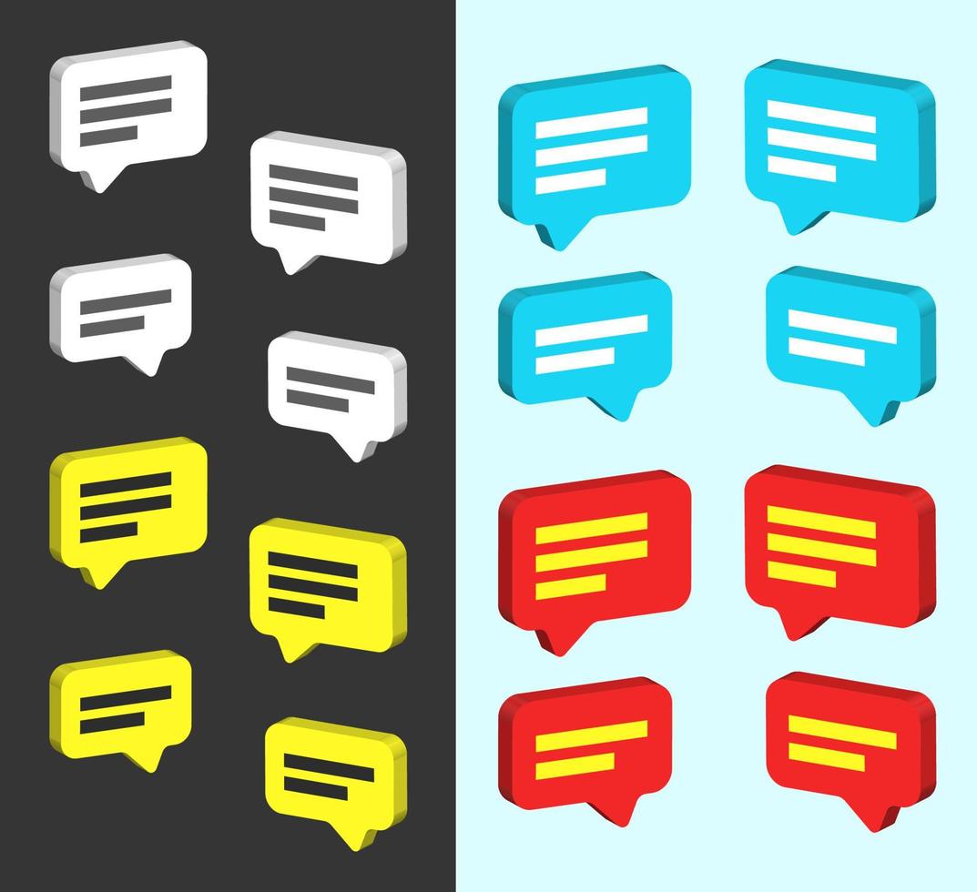 mensagem 3d ou ícone de bate-papo definir cor azul e vermelha amarela branca vetor