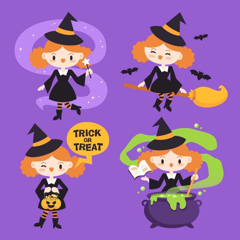 coleção de bruxas de halloween plana desenhada à mão. vetor