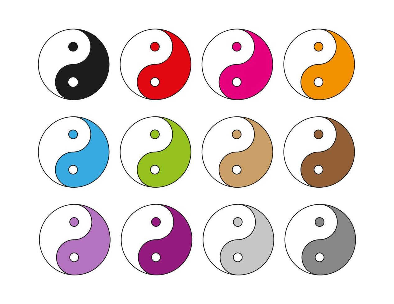 símbolo yin yang. taijitu símbolo tradicional chinês. ícone, logotipo, design, conjunto de doze. clipart colorido vetor