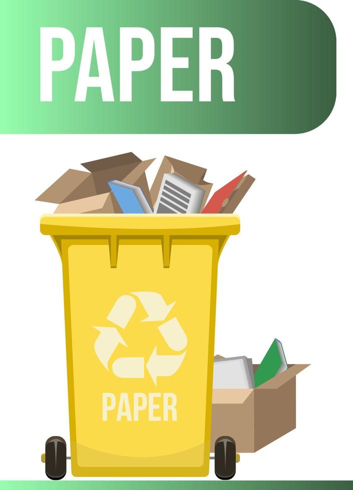 recipiente de lixo amarelo com resíduos de papel separados. modelo de design de gerenciamento de resíduos. isolado no fundo branco vetor
