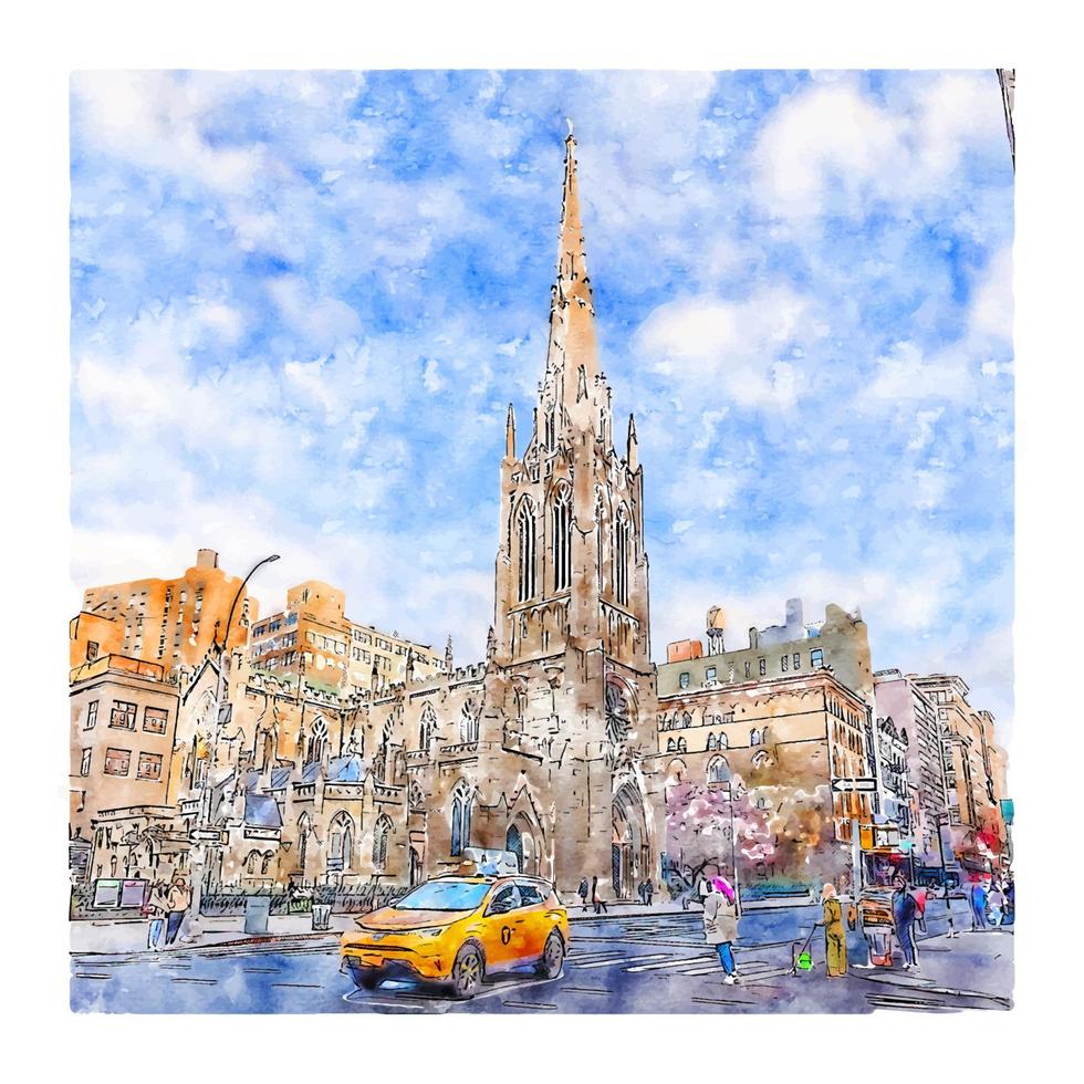 igreja da graça em nova york desenho aquarela ilustração desenhada à mão vetor