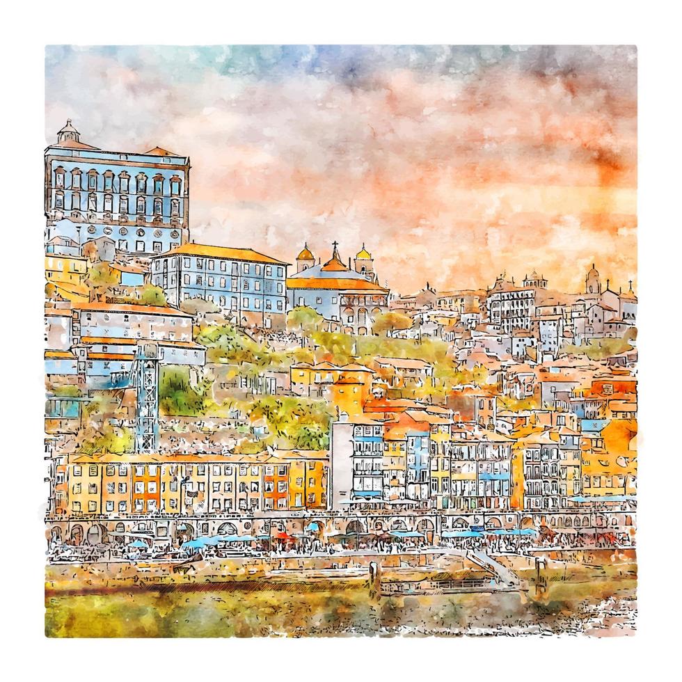 porto portugal esboço em aquarela ilustração desenhada à mão vetor