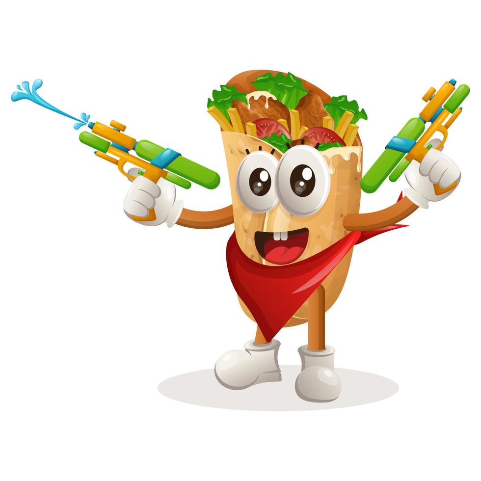mascote de burrito fofo brincando com brinquedo de arma de água vetor