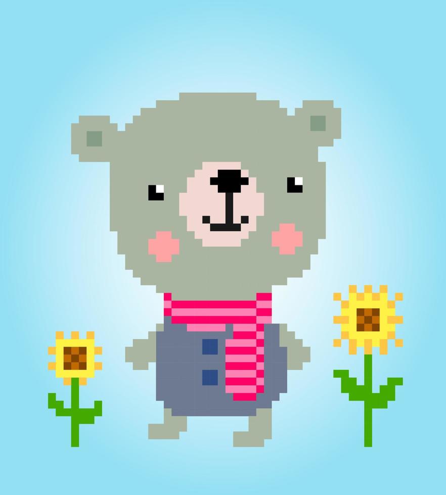 pixel urso fofo de 8 bits com flores. ativos de jogos de animais em ilustração vetorial. vetor