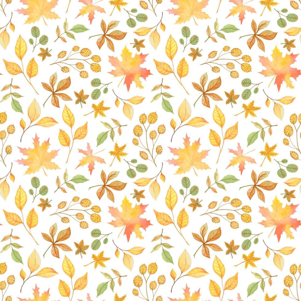 padrão sem emenda de vetor branco com folhas de outono amareladas em aquarela