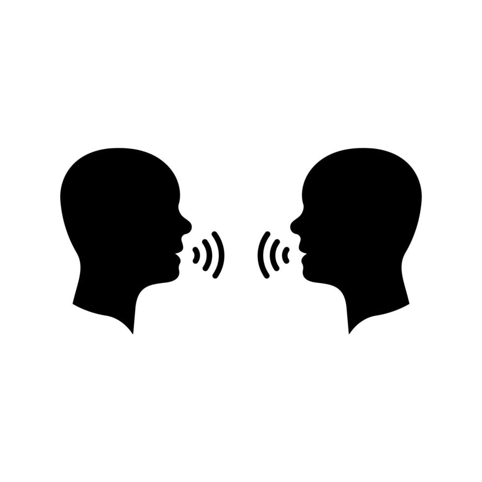 ícone de silhueta de conversa de dois homens. as pessoas enfrentam a cabeça no perfil falam pictograma. ícone preto de fala de conversa de pessoa. discussão de comunicação. ilustração vetorial isolado. vetor