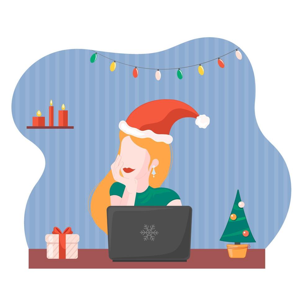 mulher comemorou o ano novo 2022 ou natal online com laptop e taça de champanhe vetor