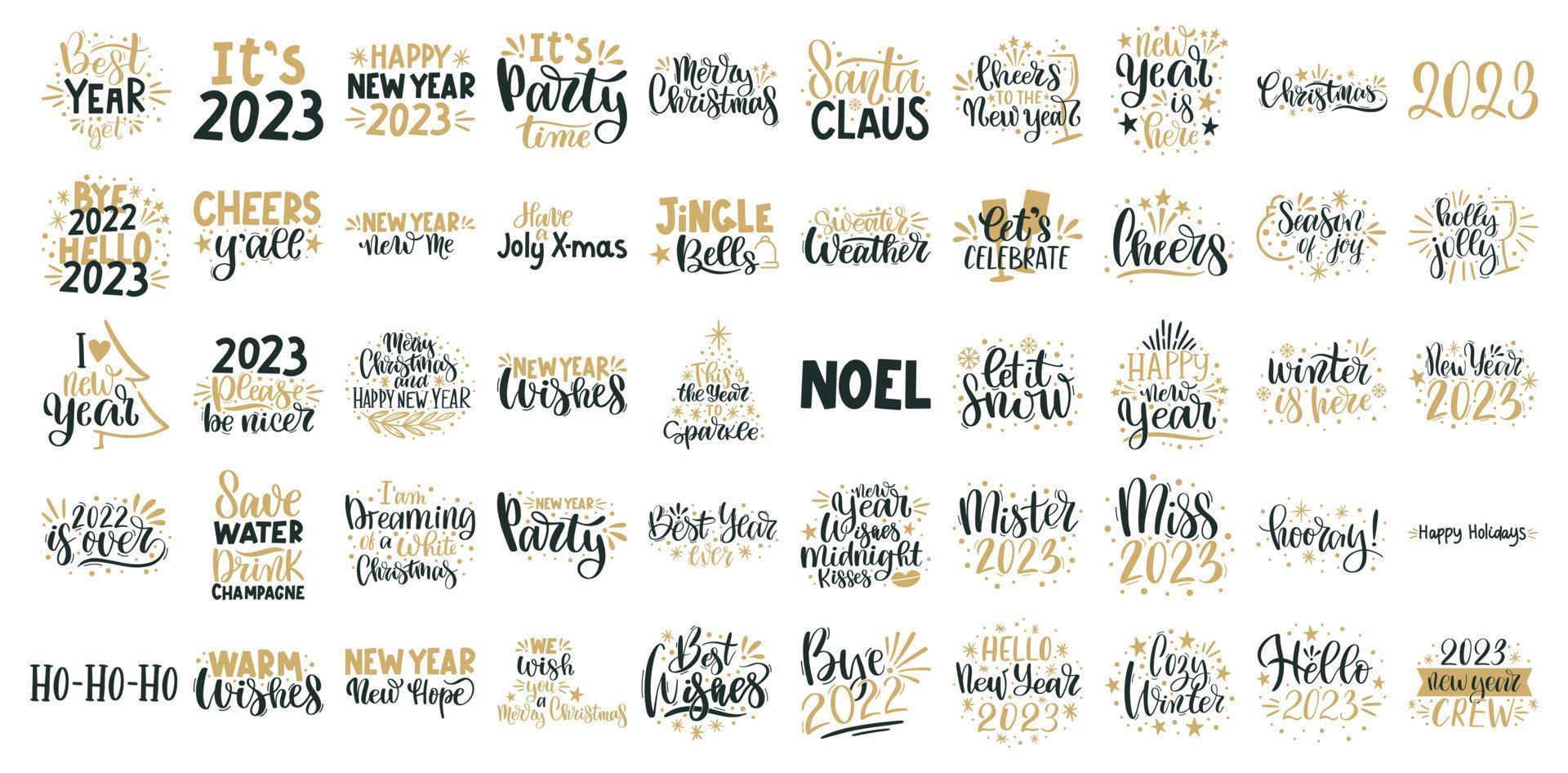 feliz natal e feliz ano novo letras. cartão de férias de inverno, conjunto de ilustração de citações e frases de natal. coleção de tipografia para banners, cartão postal, cartões, presentes vetor