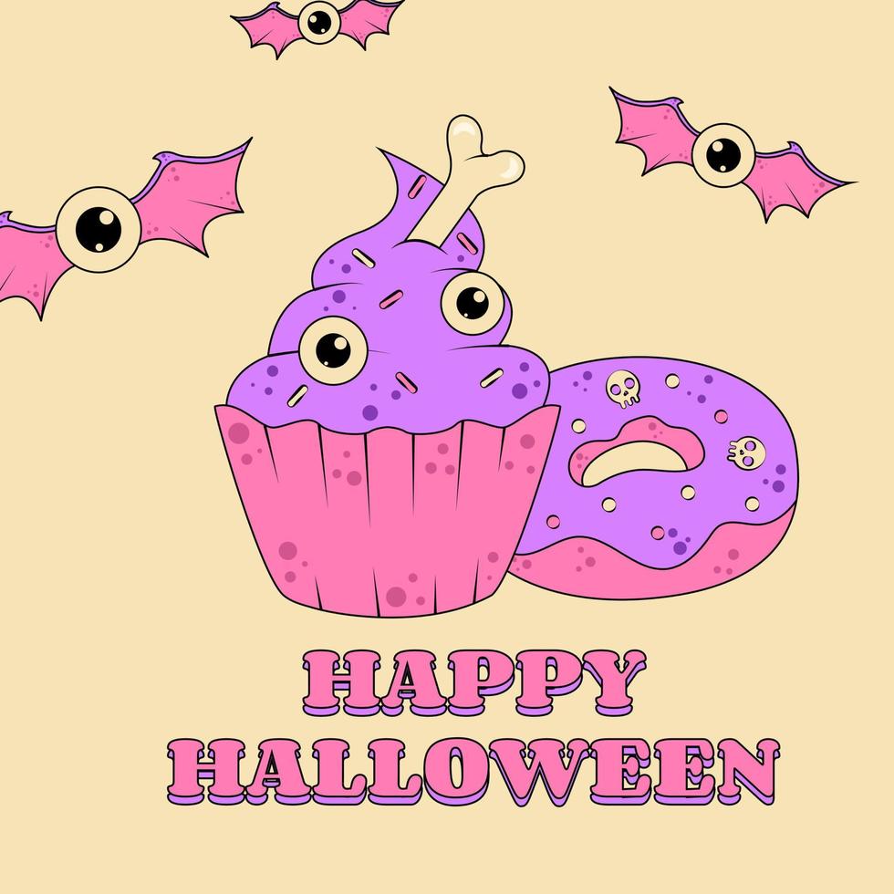 cartaz de estilo groovy feliz dia das bruxas para férias de halloween olho voador com asas de morcego e cupcake com olhos e ossos e doces de rosquinha de caveira vetor
